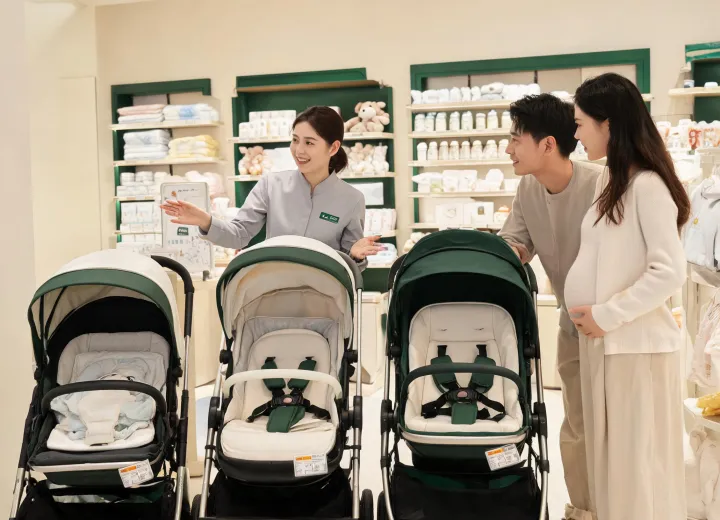 Retail advisor helping family compare stroller stages